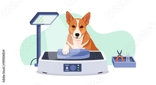Dog being weighed on a scale at the vet clinic.