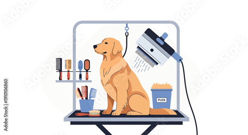 Golden Retriever Dog Grooming Session with Professional Tools.