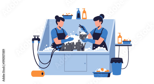 Two women washing pets in a grooming salon tub.
