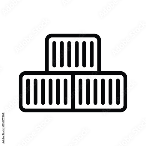 A simple line art icon depicting a stack of three shipping containers, two at the bottom and one centered on top. Construction things single line icon UI design.