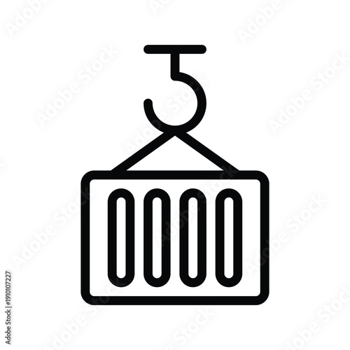 A simple line art icon depicting a shipping container being lifted by a crane hook, symbolizing logistics and transport. Construction things single line icon UI design.