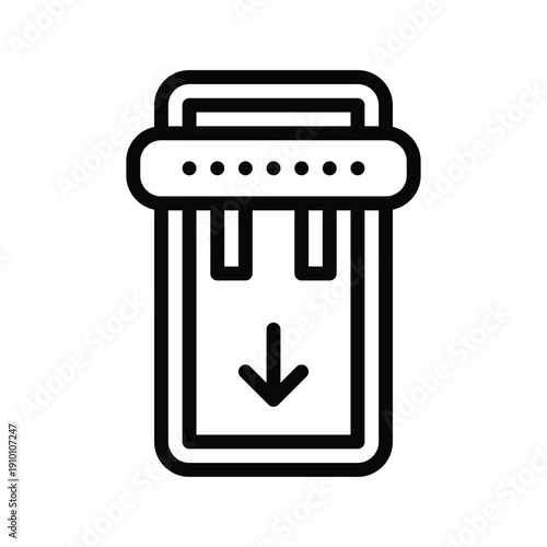 A minimalist line drawing of a trash bin with a downward pointing arrow inside, symbolizing disposal or waste. Construction things single line icon UI design.