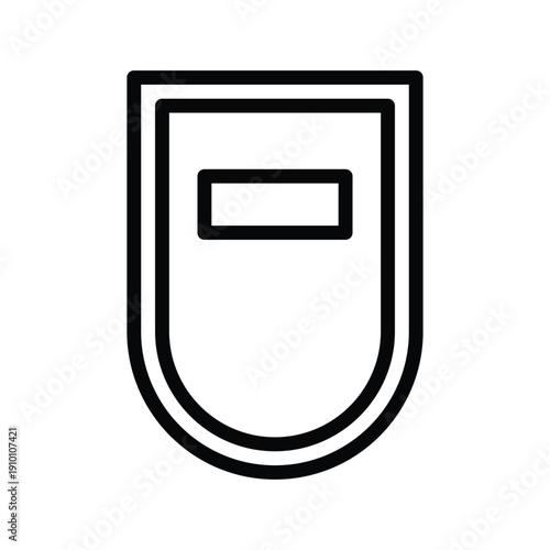 A minimalist black and white icon representing a shield with a rectangular opening in the upper section. Construction things single line icon UI design.