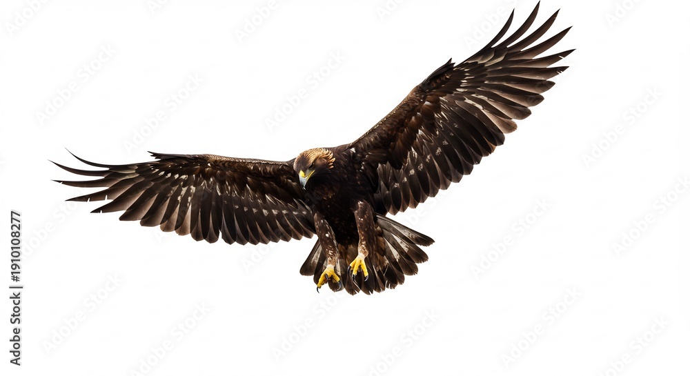 Fototapeta premium 純白の背景に鮮やかに映える力強く雄大な金色の猛禽類が広大な青空を悠然と舞い上がる 太陽の光を浴びて美しく輝く羽毛と鋭い眼差しがその堂々たる威厳と無限の自由を感動的に表現する息をのむ瞬間