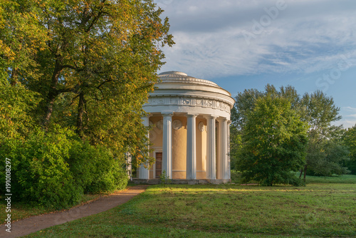 Temple of Friendship on the bank of the Slavyanka River in the Pavlovsky Park on a sunny summer day, Pavlovsk, Saint Petersburg, Russia