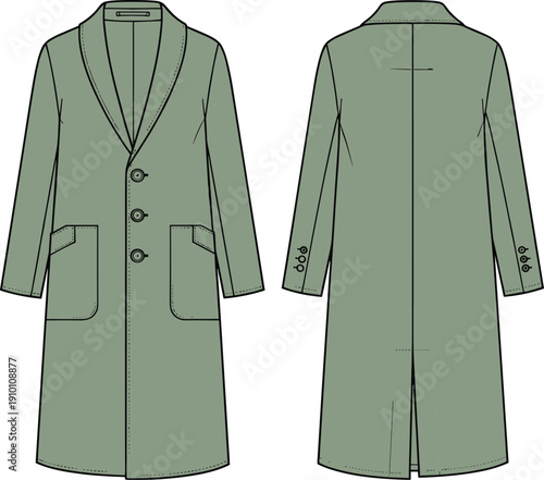 Long coat technical fashion illustration with front and back views, classic tailored overcoat line art design for womens outerwear, apparel production, and sewing reference