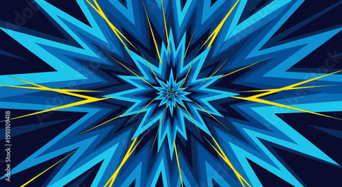 A dynamic and vibrant abstract starburst design featuring sharp geometric lines in various shades of blue and striking yellow, creating an energetic visual impact.