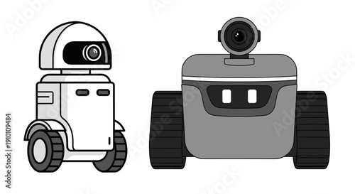 Two distinct, modern robotic devices, one white and one gray, stand side-by-side, showcasing advanced technology and artificial intelligence.