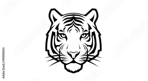 Black and white tiger head illustration with bold lines and intense gaze on plain background