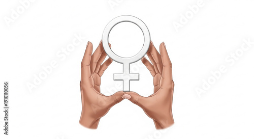 Hands holding female symbol on white background representing feminism and equality