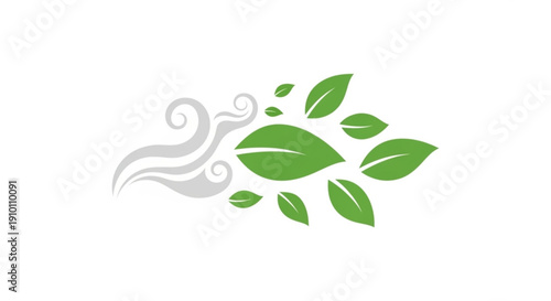 Green leaves blown by wind on white background eco friendly symbol
