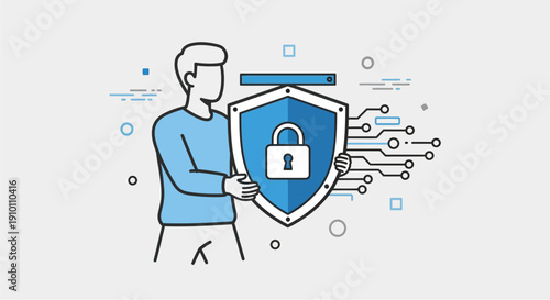 A person holding a shield with a padlock, symbolizing digital security and data protection in a modern illustration.
