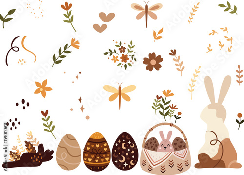 A collection of Easter-themed images, including flowers, eggs, and a rabbit