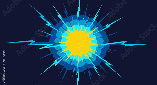 An energetic yellow and blue comic book style explosion radiates intense power with lightning bolts against a dark background, symbolizing a sudden burst.