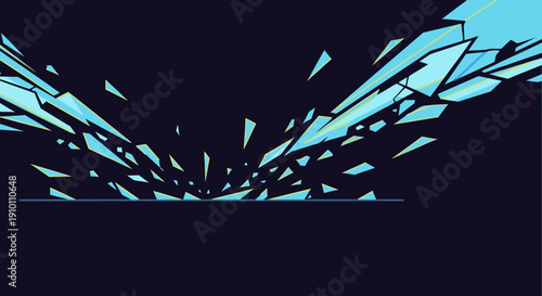 Abstract geometric illustration showing sharp, light blue fragments exploding outwards from a central point against a dark background, symbolizing dynamic energy.