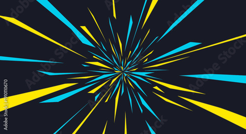 A vibrant burst of blue and yellow lines explodes from the center, creating a dynamic, modern abstract background with energetic speed.