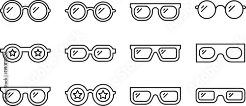 Eyeglasses outline icons set, round square retro 3d glasses frames collection vector isolated on white background modern minimal design