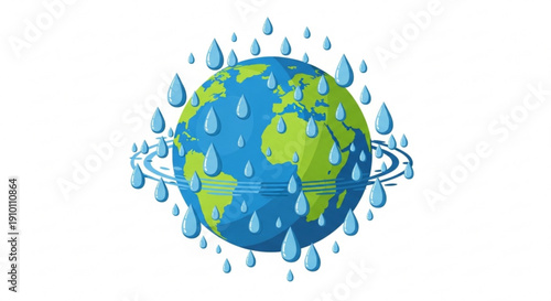 Globe surrounded by water droplets representing global water conservation and hydration concept