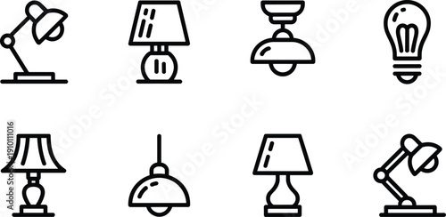 Lamp and lighting outline icons set, table desk ceiling lights collection, home illumination idea vector illustration isolated on white background