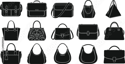 Fashion handbag collection with purse, tote, shoulder bag, clutch, briefcase silhouettes, luxury accessories vector set isolated design elements