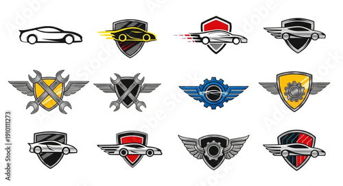 Collection of car emblems and badges with wings and shields.