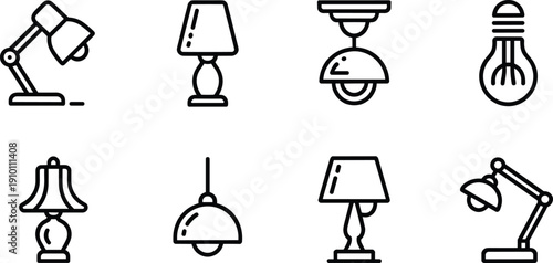 Lamp lighting outline icons set, desk table ceiling bulb fixtures collection, home interior illumination vector isolated on white background