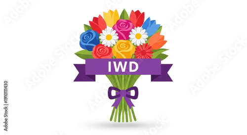 Vibrant bouquet flowers with purple ribbon and iwd banner for international women's day celebration