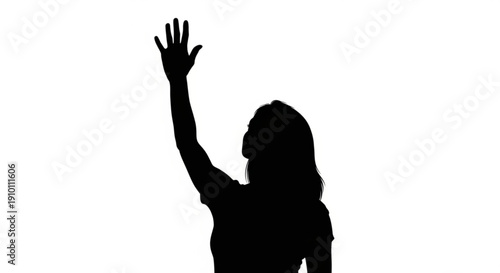 Woman in silhouette with raised hand gesturing against white background