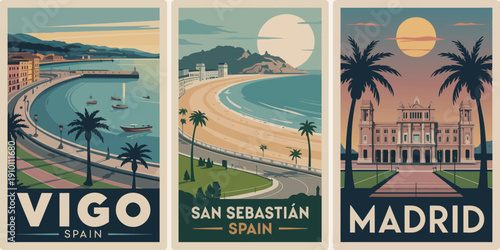 Vigo San Sebastián Spain Poster, coastal promenade, curved road, boats on turquoise water, crescent beach