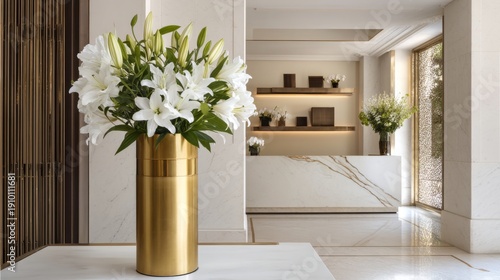 Elegant lily arrangement in a luxurious modern interior showcasing a sleek golden vase against a stylish marble reception area in a contemporary setting