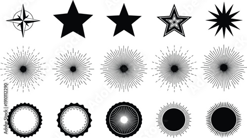 Vintage starburst badge set with compass rose, sun rays, circular seals, retro emblems, vector silhouettes, decorative logo elements collection