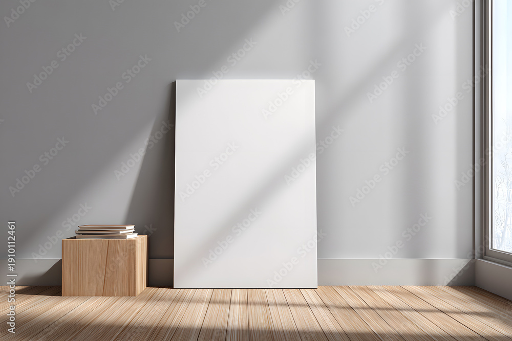 Fototapeta premium Blank canvas leaning against wall with books on wooden box in bright room