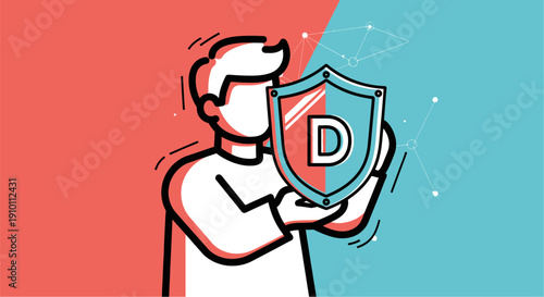 A person holding a shield with the letter D, symbolizing protection or data security, against a split red and blue background with abstract digital elements.