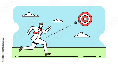 A businessman running towards a red target with an arrow, symbolizing goal achievement and ambition.