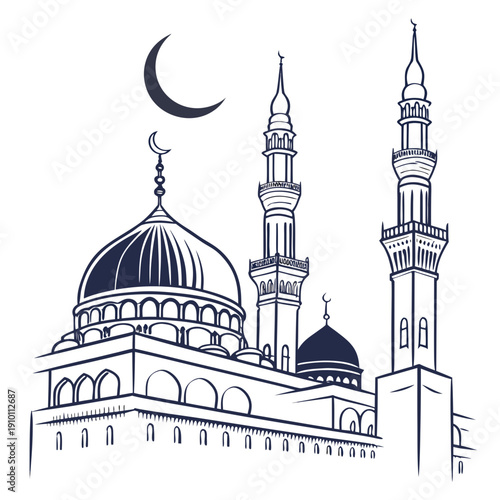 Masjid al-Haram skyline silhouette featuring mosque domes and minarets, a symbolic representation of the Grand Mosque in Mecca.