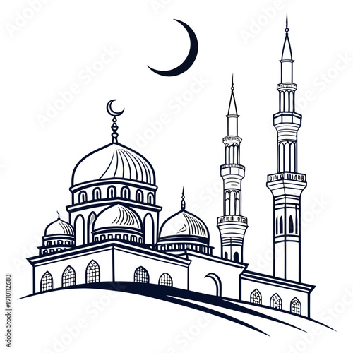 Masjid al-Haram skyline silhouette featuring mosque domes and minarets, a symbolic representation of the Grand Mosque in Mecca.