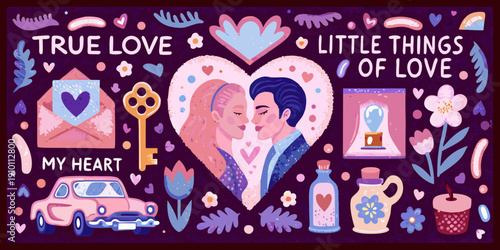 A colorful illustration depicting romantic love and cherished moments