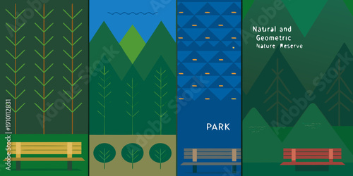 Abstract nature reserve design featuring geometric shapes and forest scenes