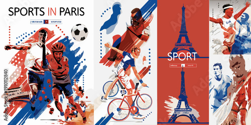 Sports illustration featuring athletes and the eiffel tower in paris