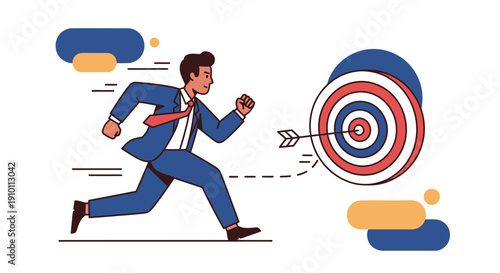 A man in a suit running towards a target with an arrow in the bullseye, symbolizing business goals and achievement.