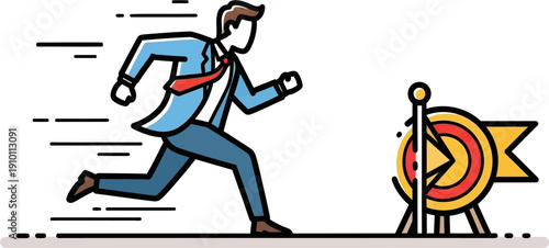 A businessman in a suit running quickly towards a target flag, symbolizing ambition, goal achievement, and fast progress in business.