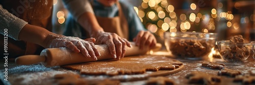 A couple rolls out dough on a wooden table, preparing gingerbread cookies with festive lights in the background.