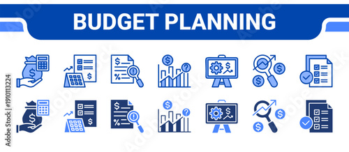 Budget Planning Icon Collection,  featuring Budget, Financial planning, Estimate, Forecast, Projection, Analysis, Audit.
