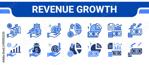 Revenue Growth Icon Collection,  featuring Revenue, Profit growth, Income, Margin, Profit margin, Economy, Inflation.