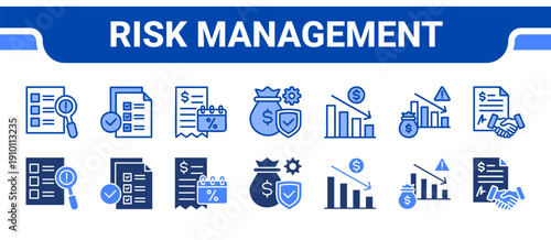 Risk Management Icon Collection,  featuring Risk assessment, Audit, Tax, Solvency, Loss, Profit loss, Contract.