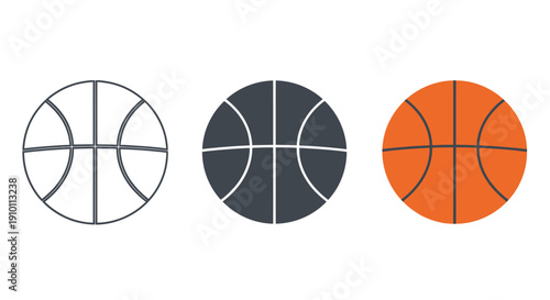 Collection of three distinct basketball icons showing line art solid silhouette and full color variations