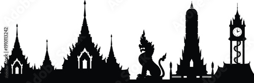 Asian landmark skyline silhouette with temple architecture, mythological statue and historic towers panorama, traditional travel destination cityscape vector illustration isolated on white background