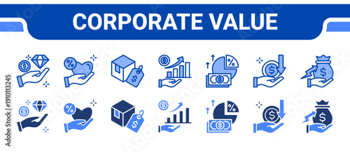Corporate Value Icon Collection,  featuring Value, Satisfaction, Product, Revenue, Profit margin, Income, Growth.