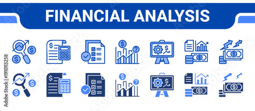 Financial Analysis Icon Collection,  featuring Analysis, Accounting, Audit, Forecast, Projection, Economy, Inflation.