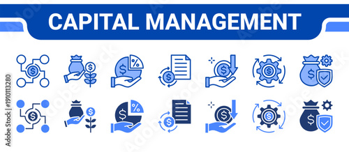 Capital Management Icon Collection,  featuring Funding, Investment, Dividend, Roi, Income, Cashflow, Solvency.